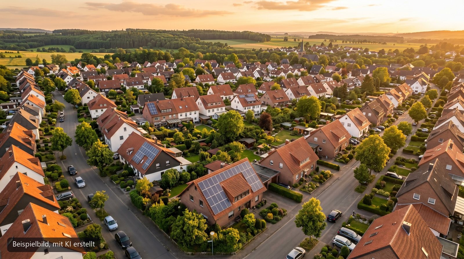 Wohnviertel im Rheinland mit Solaranlagen auf mehreren Ziegeldächern